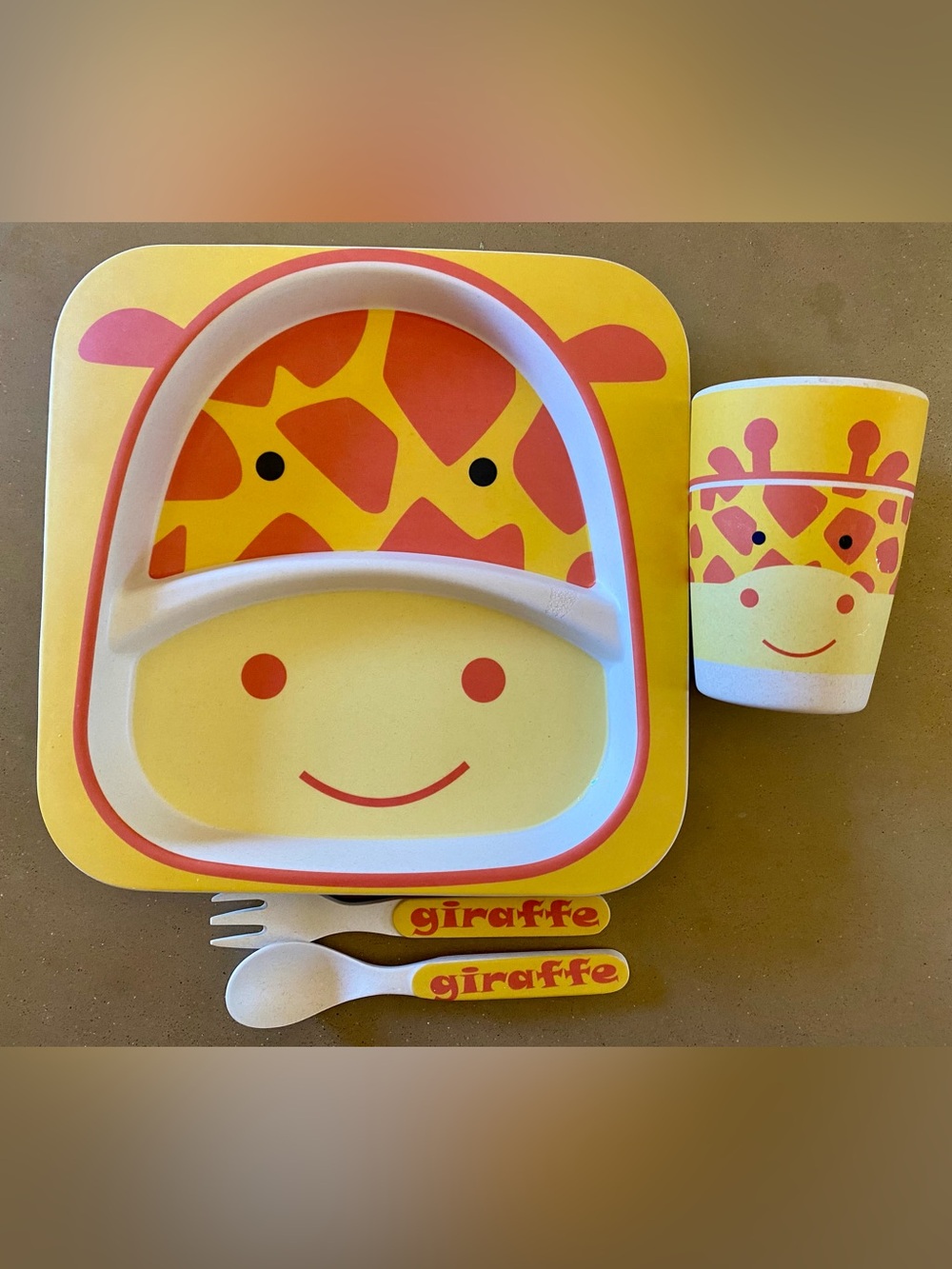 Giraffe Kids Bamboo Dish Set, Baby Plate, Cup and Silverware Set